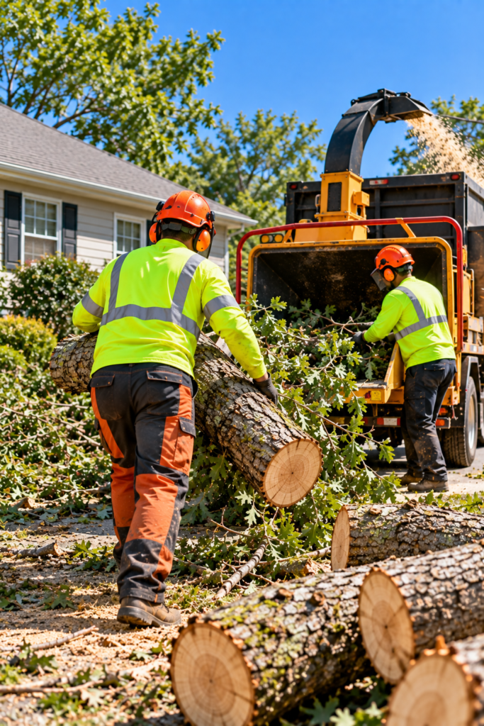 Tree crew carrying a log and feeding branches into a wood chipper near a house