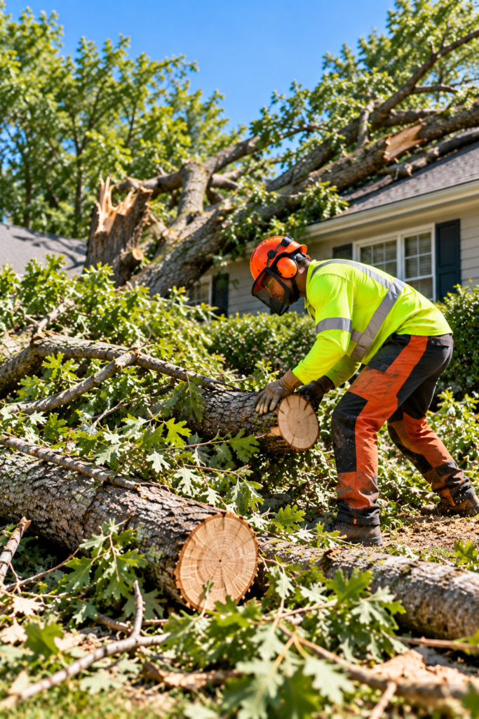 Worker in safety gear clearing cut sections of a split tree that fell beside a house