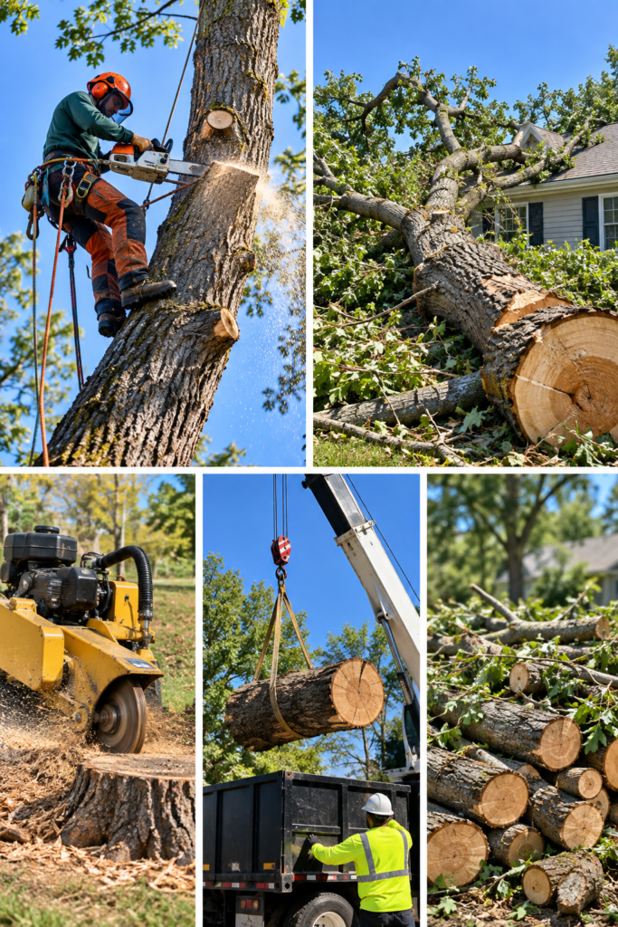 Collage of tree work: arborist cutting a trunk, fallen tree by a house, stump grinder, crane lifting a log, and stacked logs